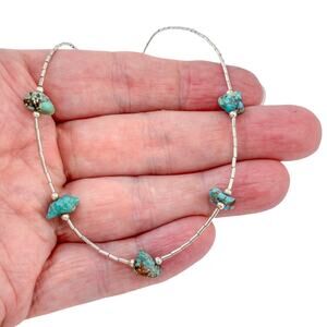 Southwest Blue Turquoise Liquid Silver Bead Necklace | Estate Sterling | 15.5"